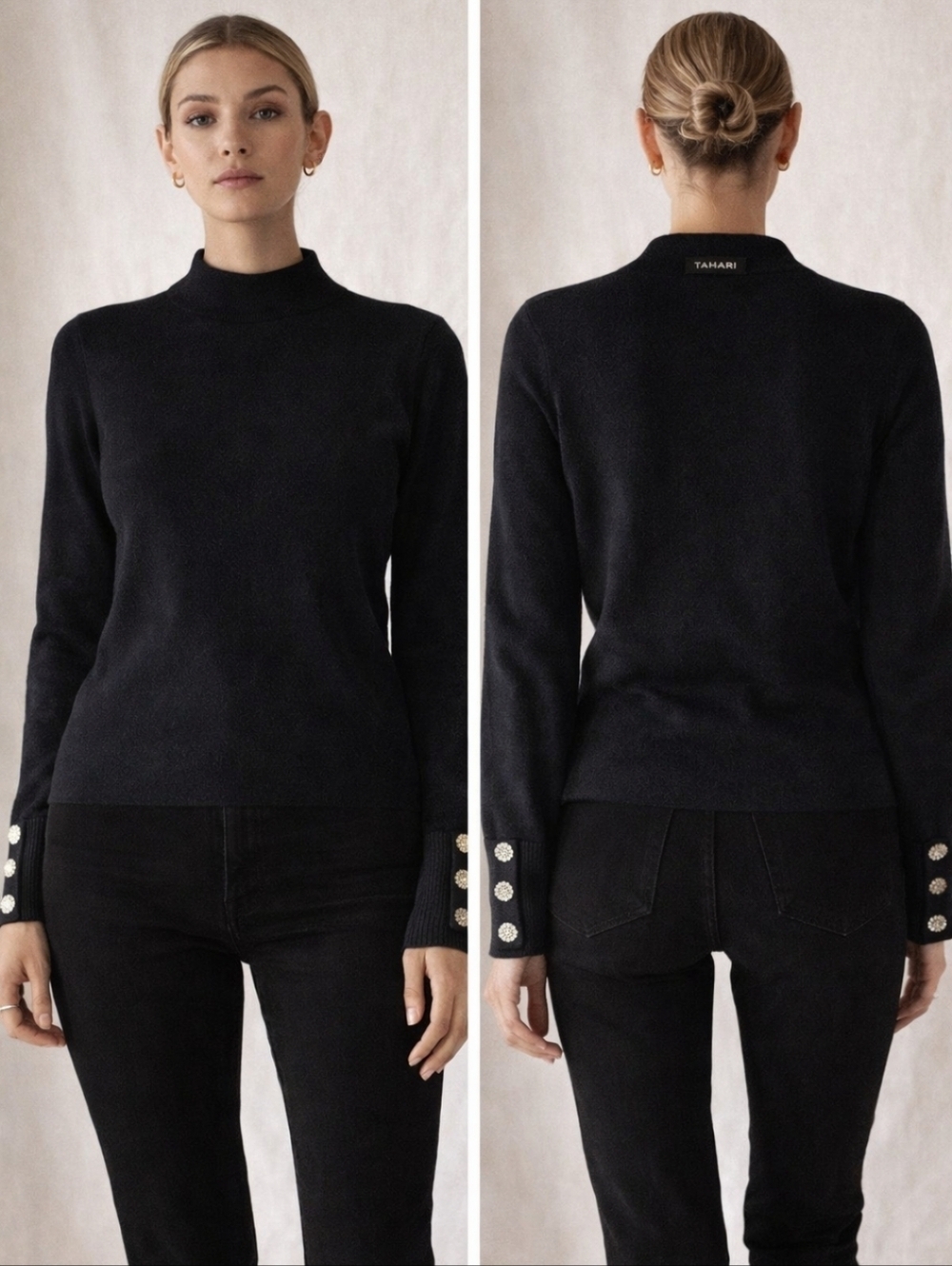 Tahari Black Knit Sweater Small Rhinestone Cuff Mock Neck Chic Minimalist Top